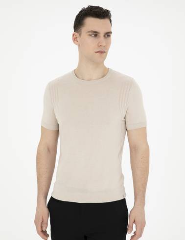 Bej Slim Fit Bisiklet Yaka Triko Tişört
