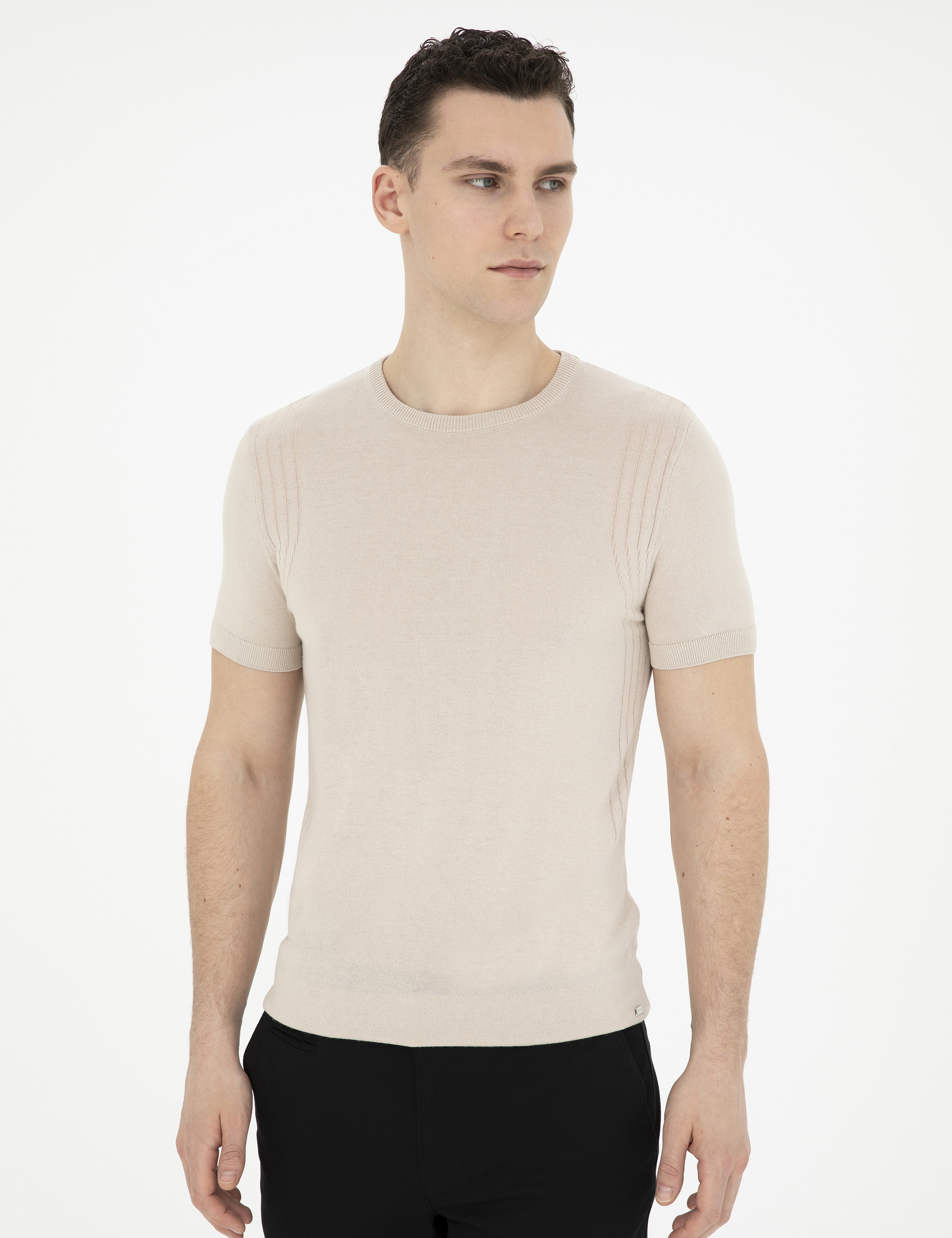 Bej Slim Fit Bisiklet Yaka Triko Tişört - Image 3