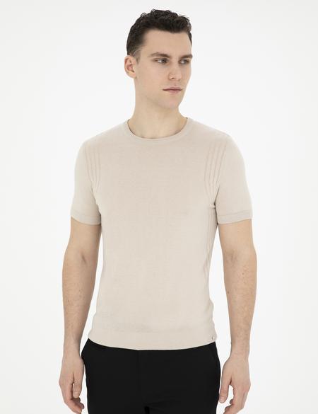 Bej Slim Fit Bisiklet Yaka Triko Tişört - 50288845003