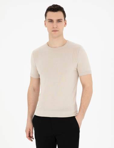 Bej Slim Fit Bisiklet Yaka Triko Tişört