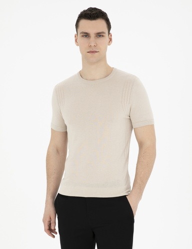Bej Slim Fit Bisiklet Yaka Triko Tişört