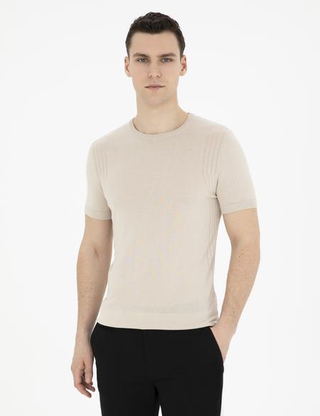 Bej Slim Fit Bisiklet Yaka Triko Tişört - 50288845003