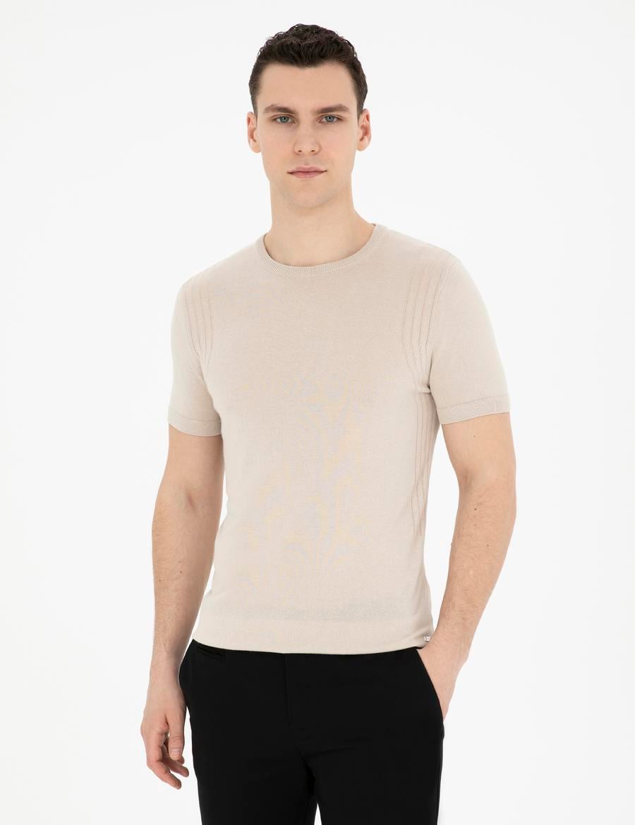 Bej Slim Fit Bisiklet Yaka Triko Tişört