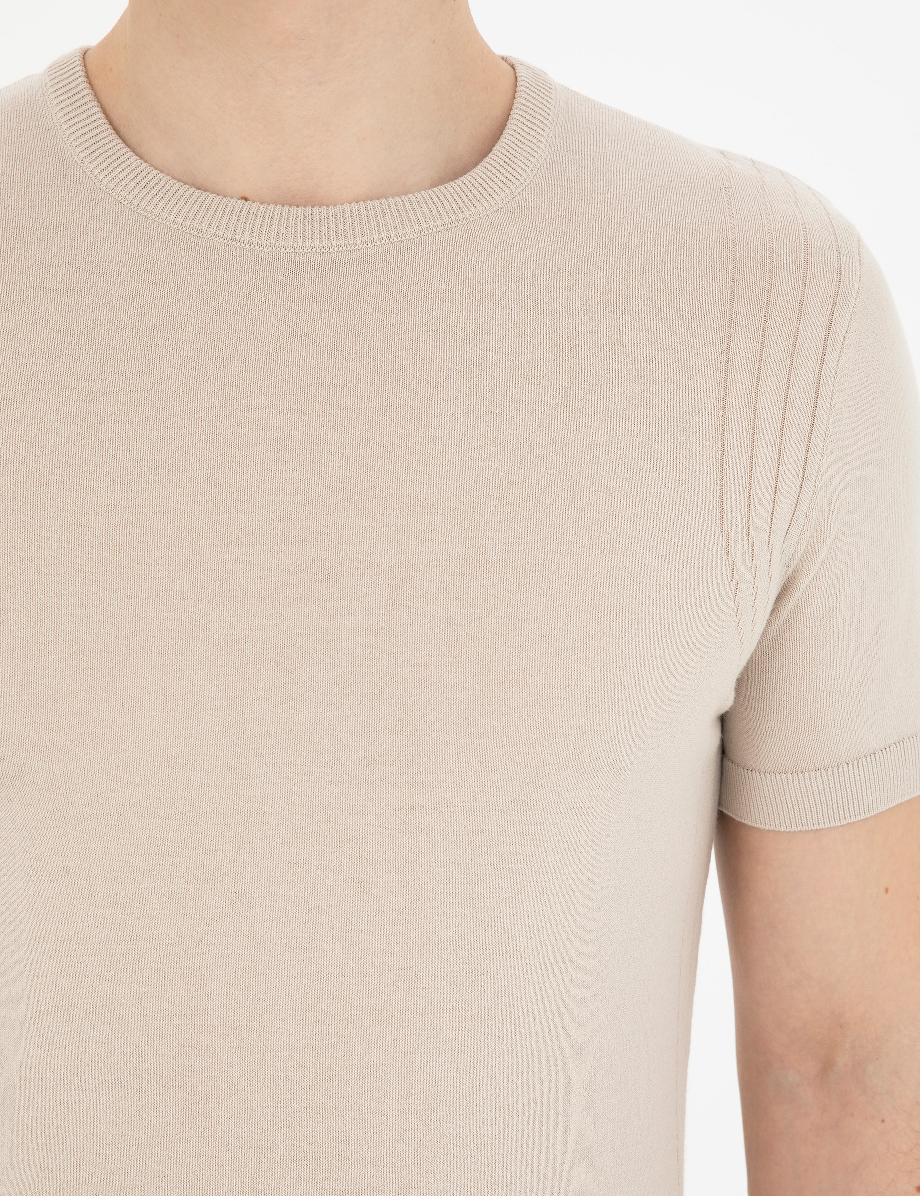 Bej Slim Fit Bisiklet Yaka Triko Tişört - Image 7