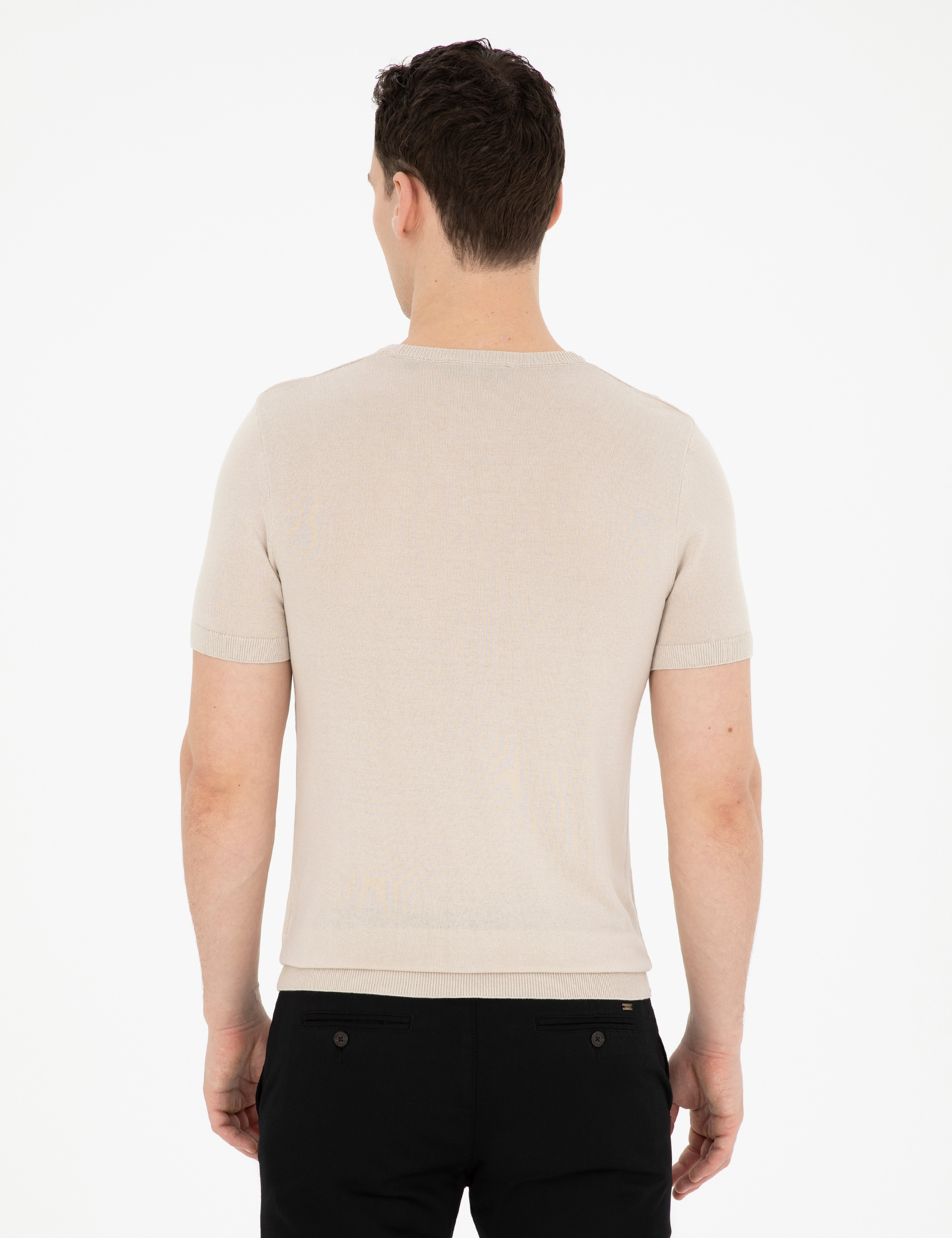 Bej Slim Fit Bisiklet Yaka Triko Tişört