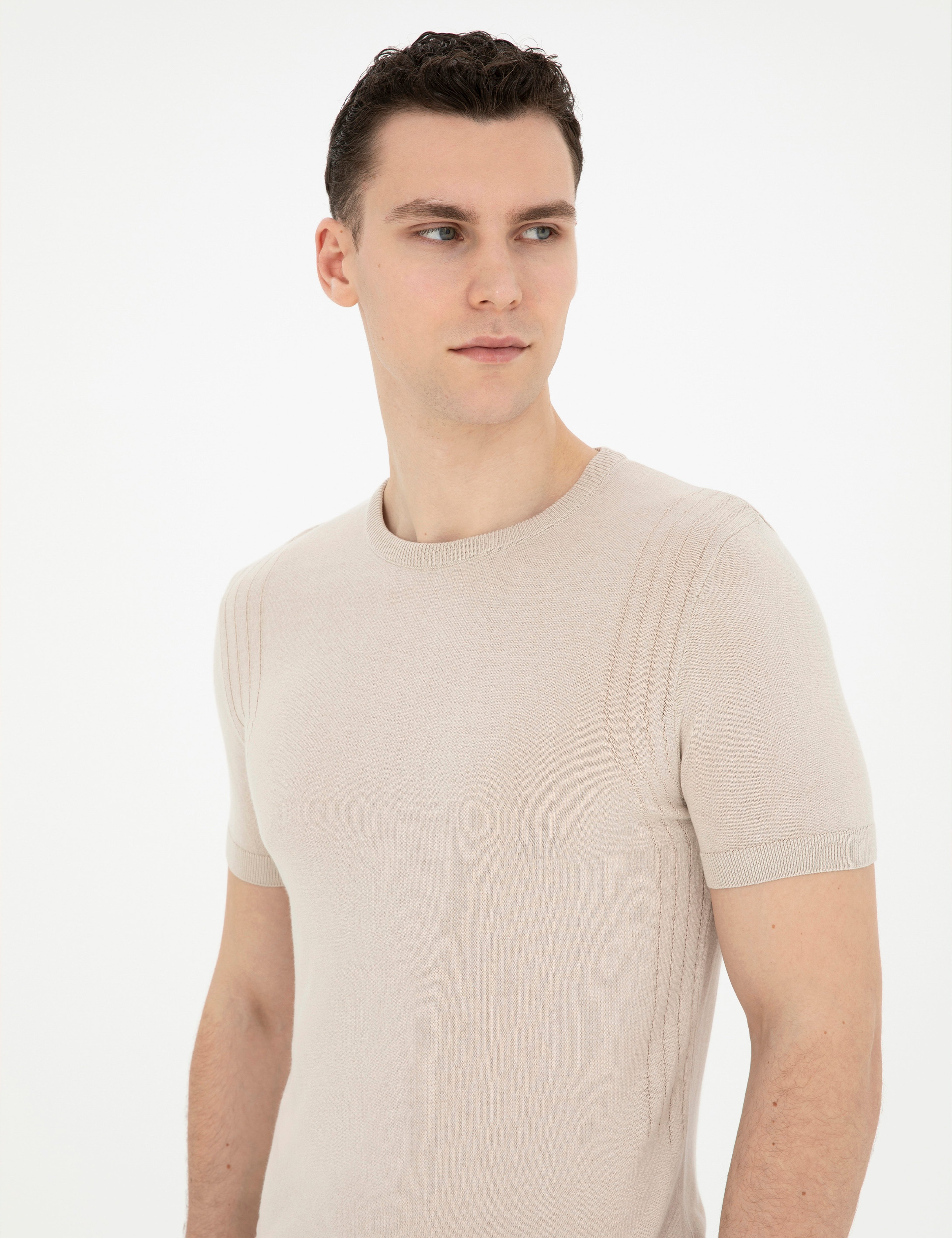 Bej Slim Fit Bisiklet Yaka Triko Tişört - Image 2