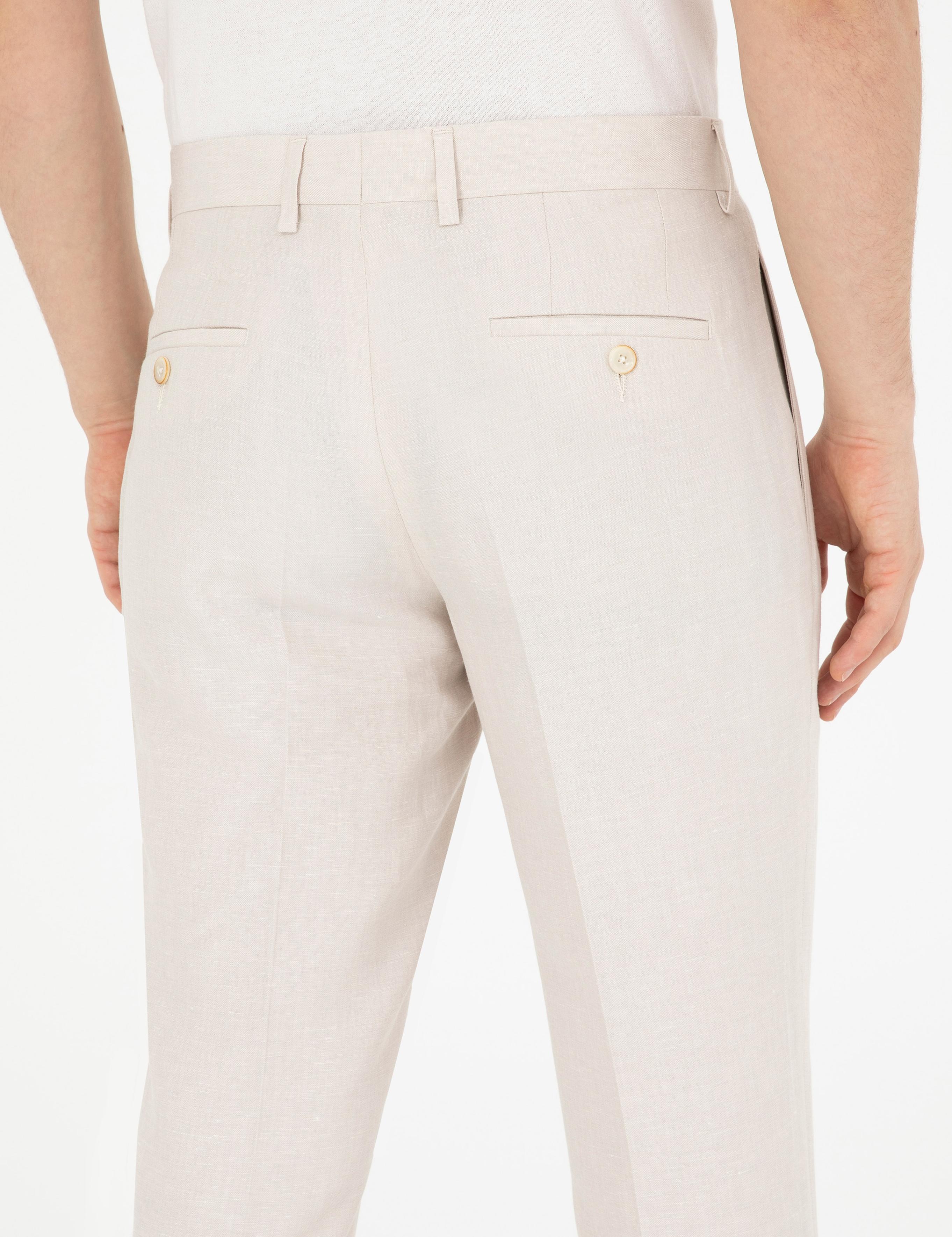 Bej Slim Fit Pileli Keten Karışımlı Pantolon