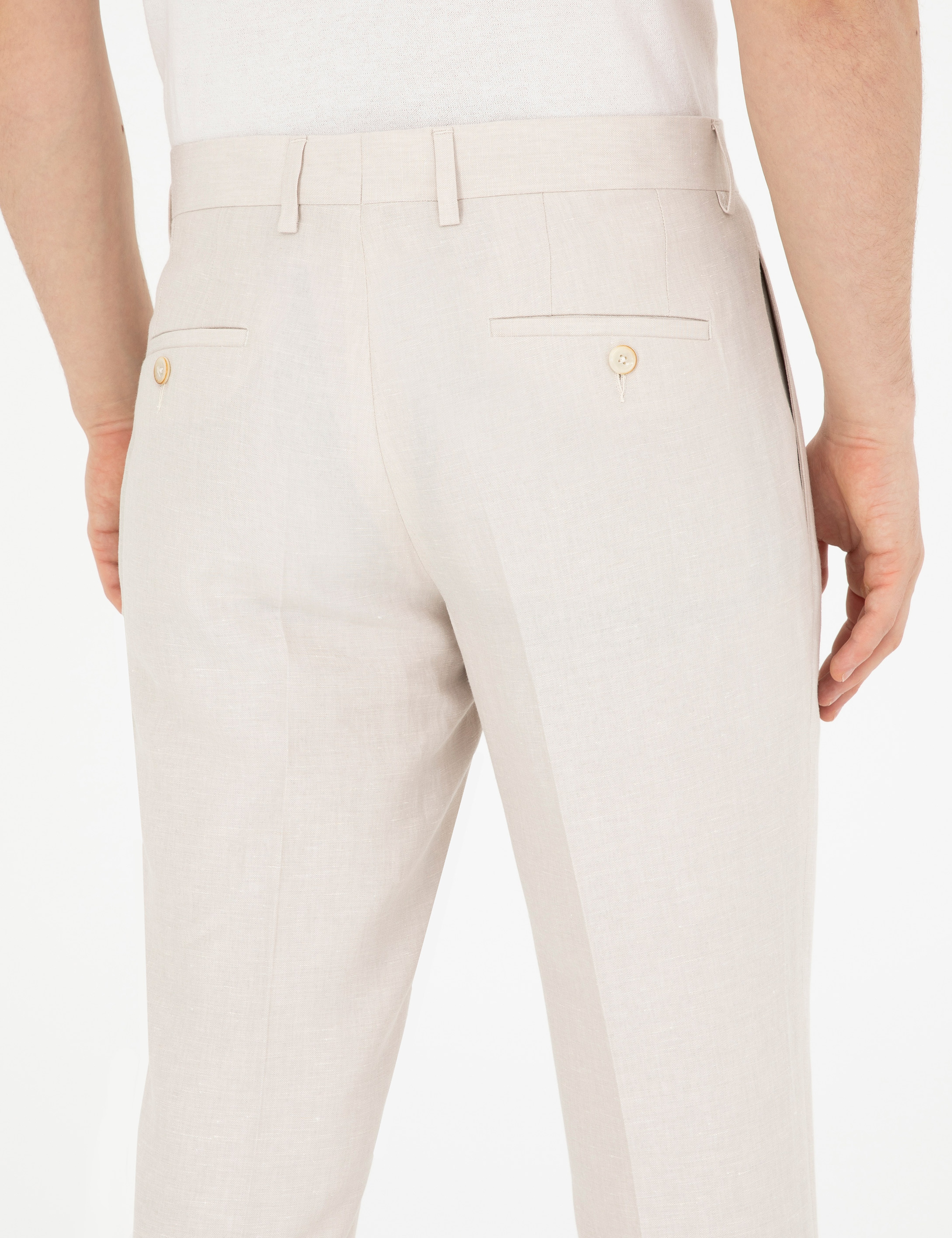Bej Slim Fit Pileli Keten Karışımlı Pantolon