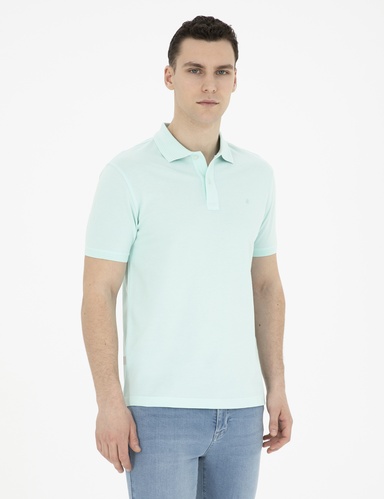 Su Yeşili Slim Fit %100 Pamuk Basic Düğmeli Polo Yaka Basic Tişört