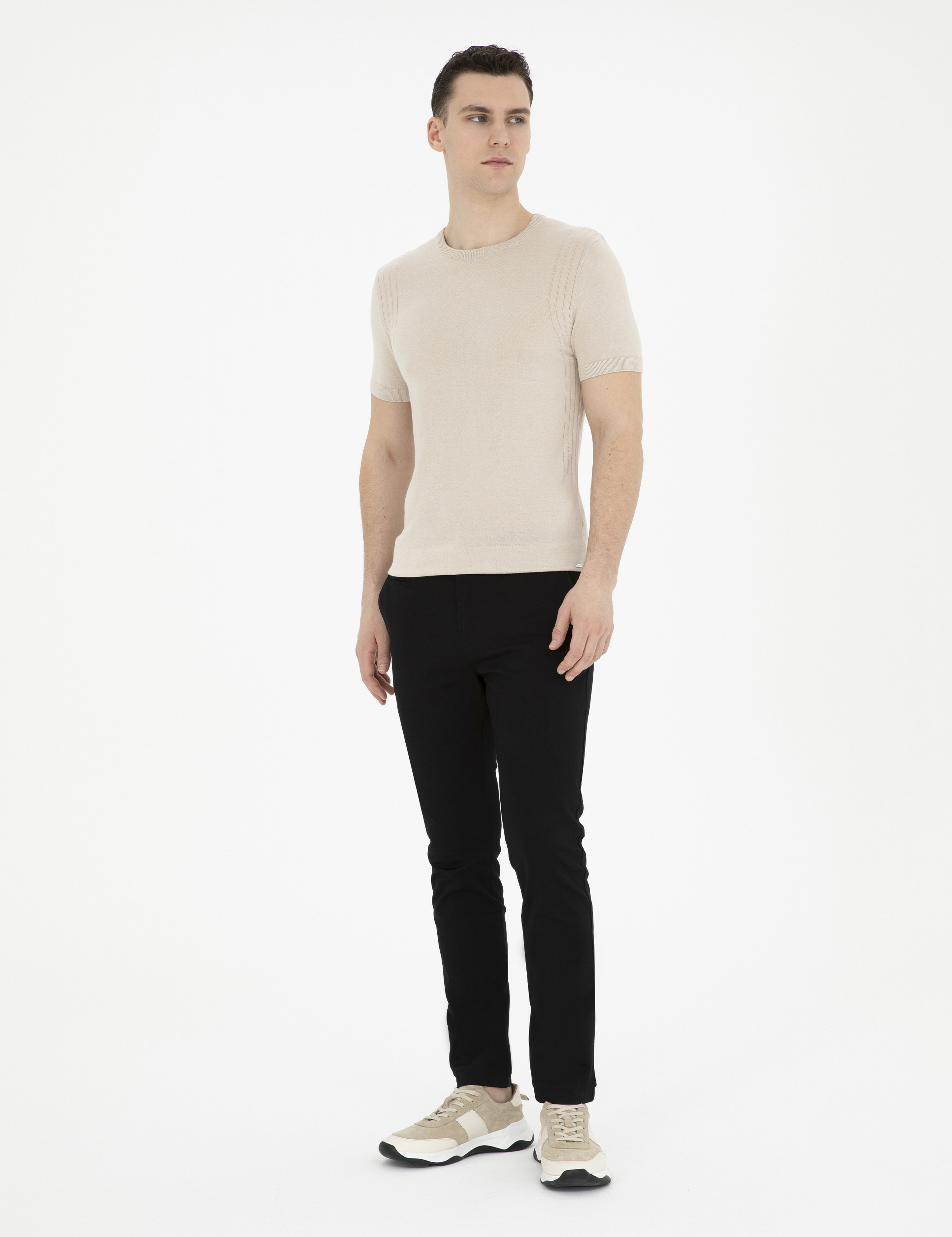 Siyah Armürlü Slim Fit Kanvas Pantolon