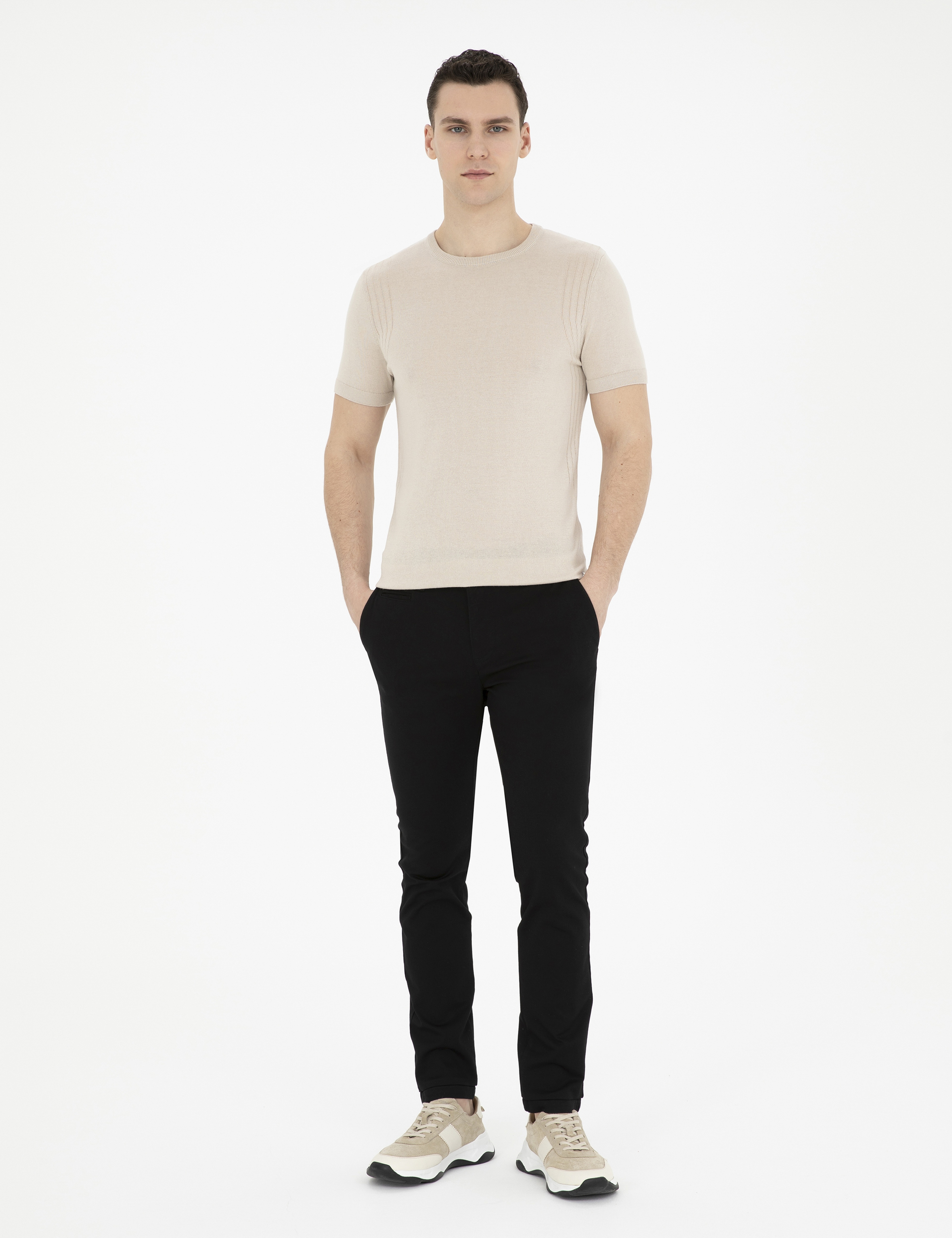 Siyah Armürlü Slim Fit Kanvas Pantolon