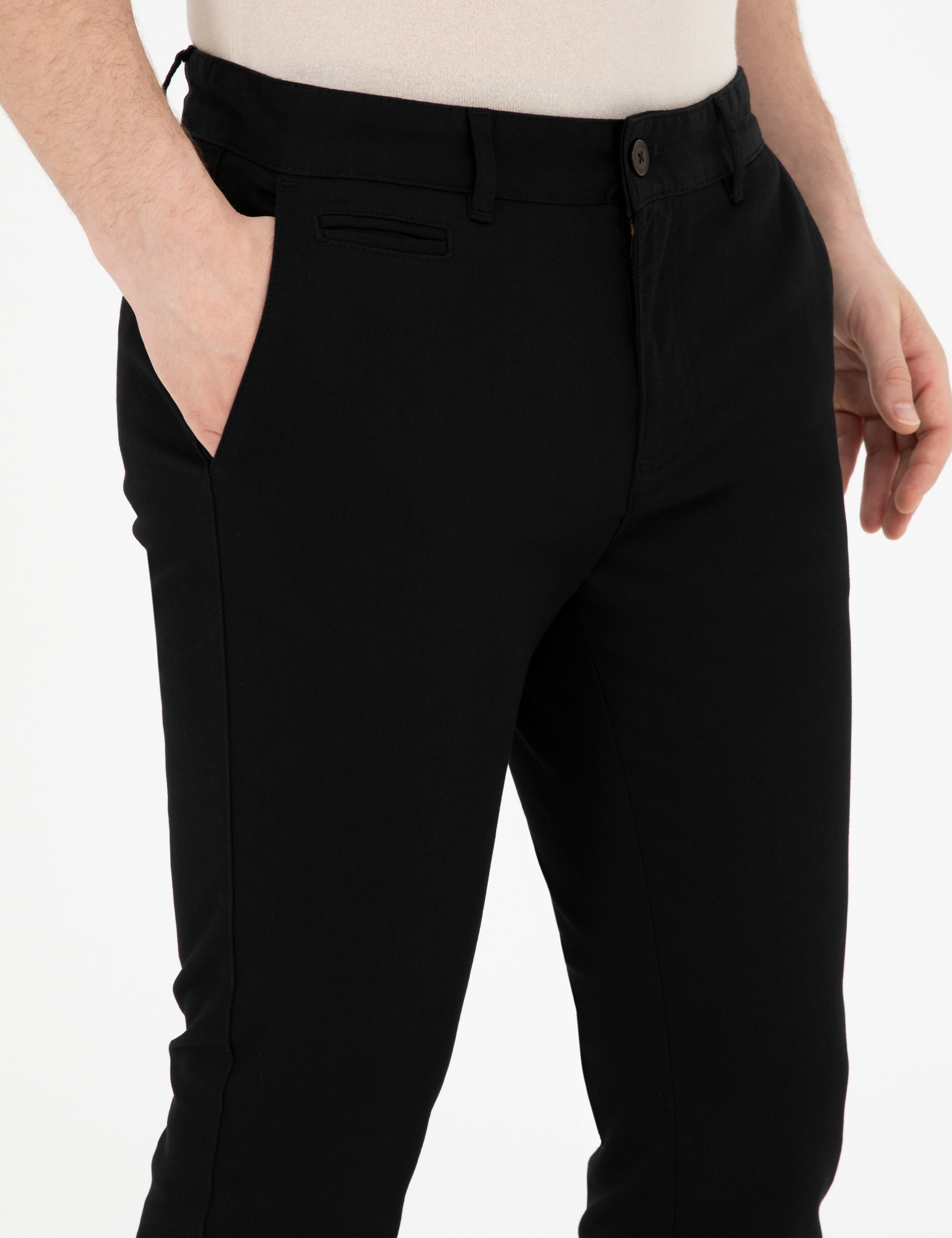 Siyah Armürlü Slim Fit Kanvas Pantolon