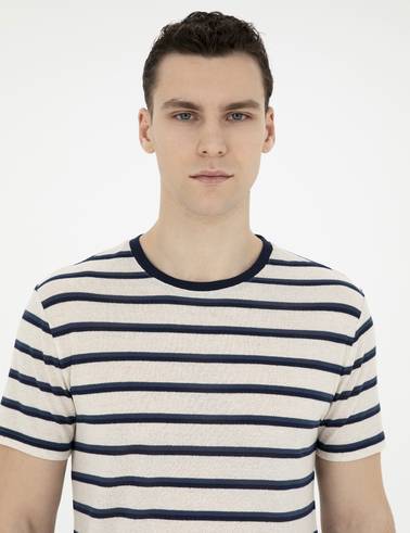 Bej Slim Fit Keten Karışımlı Bisiklet Yaka Tişört