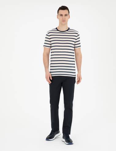 Bej Slim Fit Keten Karışımlı Bisiklet Yaka Tişört