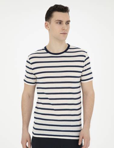 Bej Slim Fit Keten Karışımlı Bisiklet Yaka Tişört