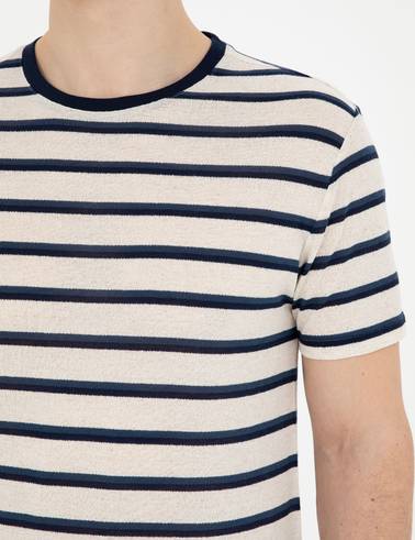 Bej Slim Fit Keten Karışımlı Bisiklet Yaka Tişört