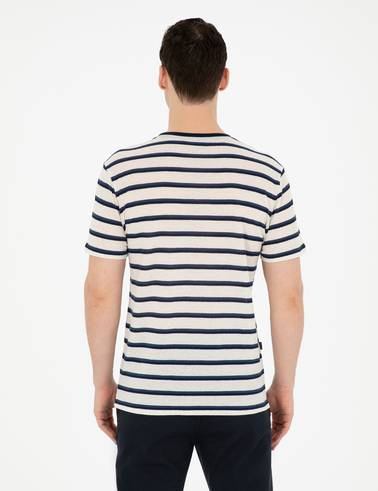 Bej Slim Fit Keten Karışımlı Bisiklet Yaka Tişört