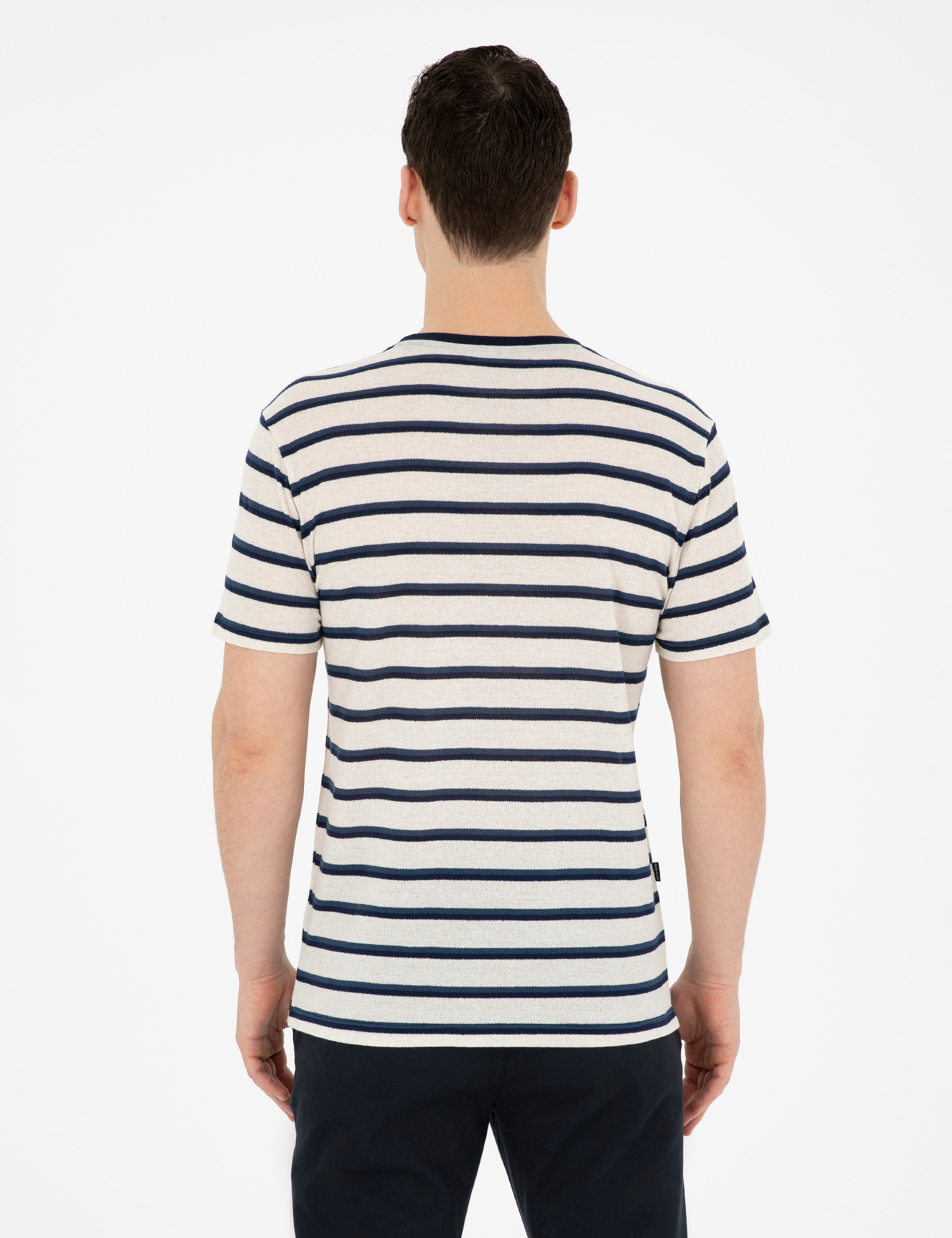 Bej Slim Fit Keten Karışımlı Bisiklet Yaka Tişört - Image 5