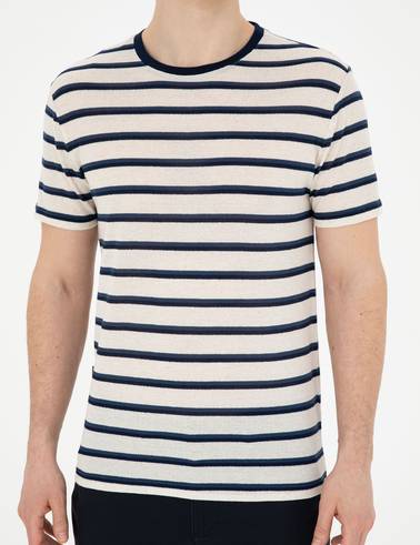 Bej Slim Fit Keten Karışımlı Bisiklet Yaka Tişört