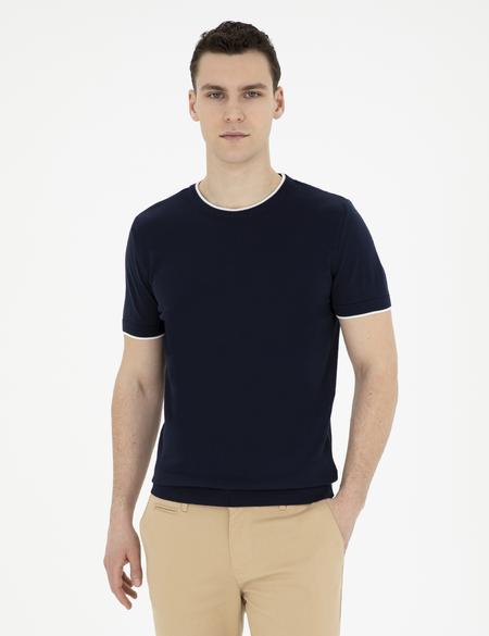 Lacivert Slim Fit Bisiklet Yaka Triko Tişört - 50294638001