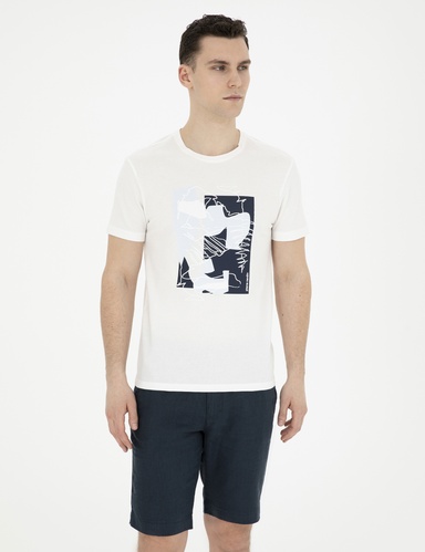 Ekru Slim Fit %100 Pamuk Bisiklet Yaka Tişört