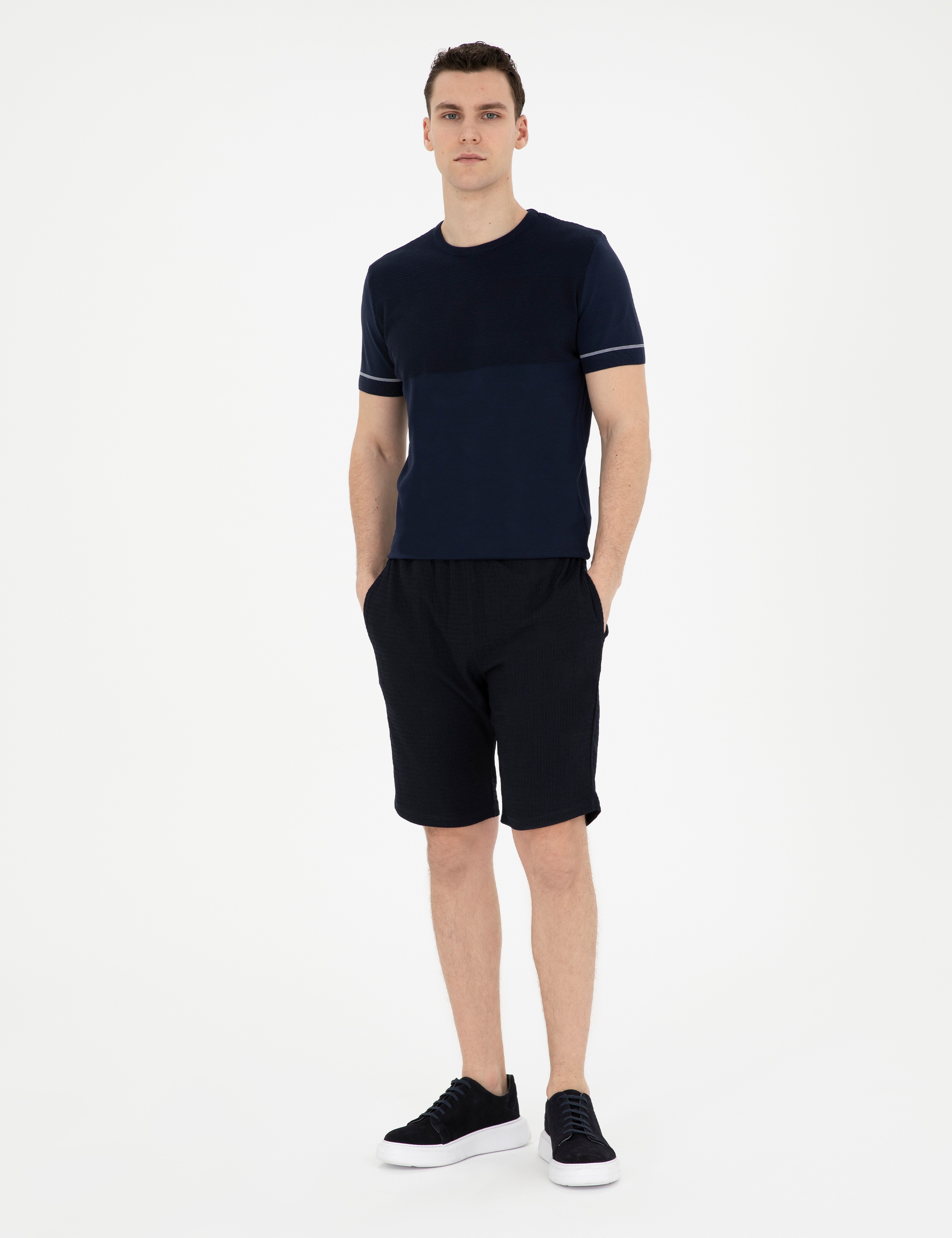 Lacivert Slim Fit Bisiklet Yaka Triko Tişört - Image 4