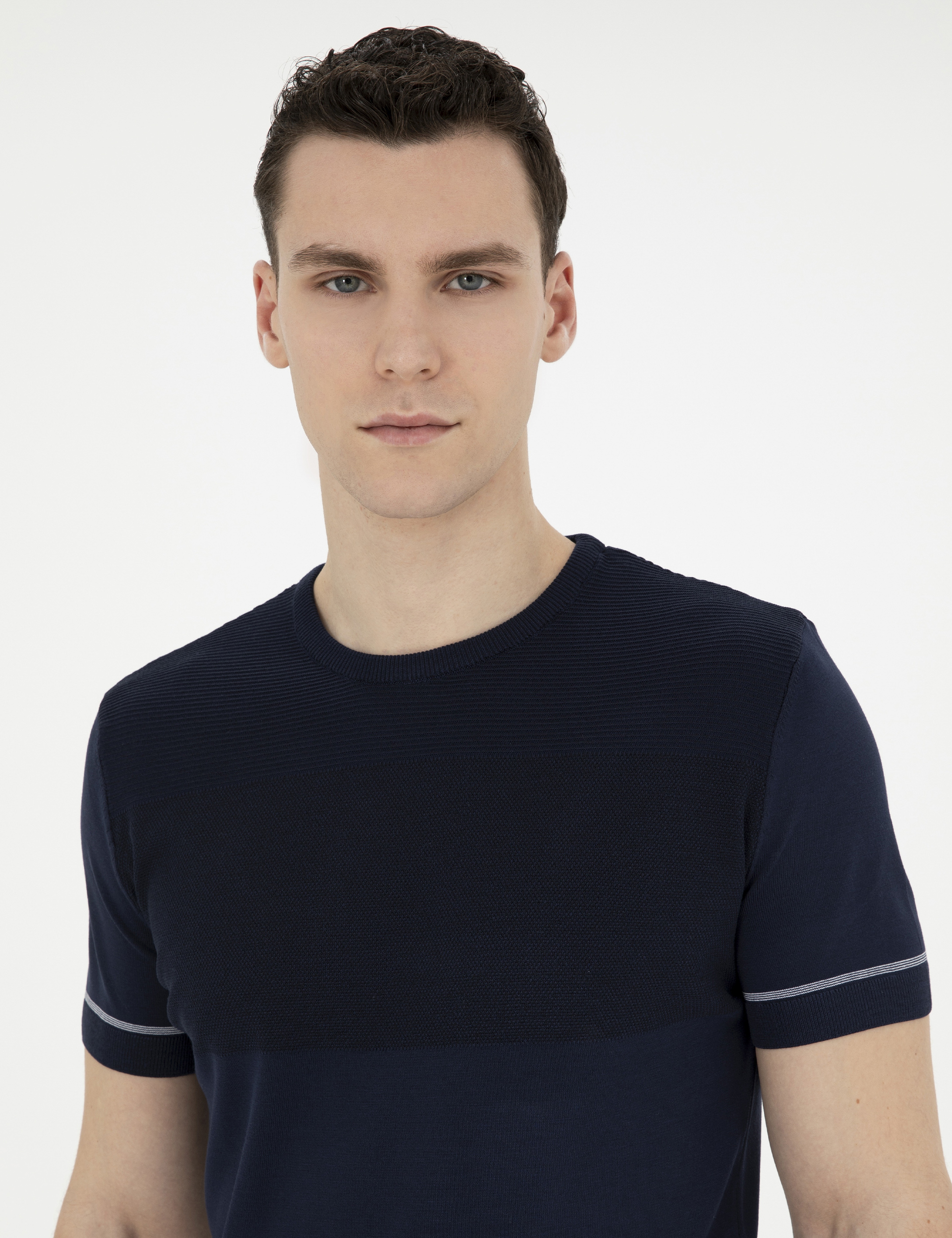 Lacivert Slim Fit Bisiklet Yaka Triko Tişört - Image 2