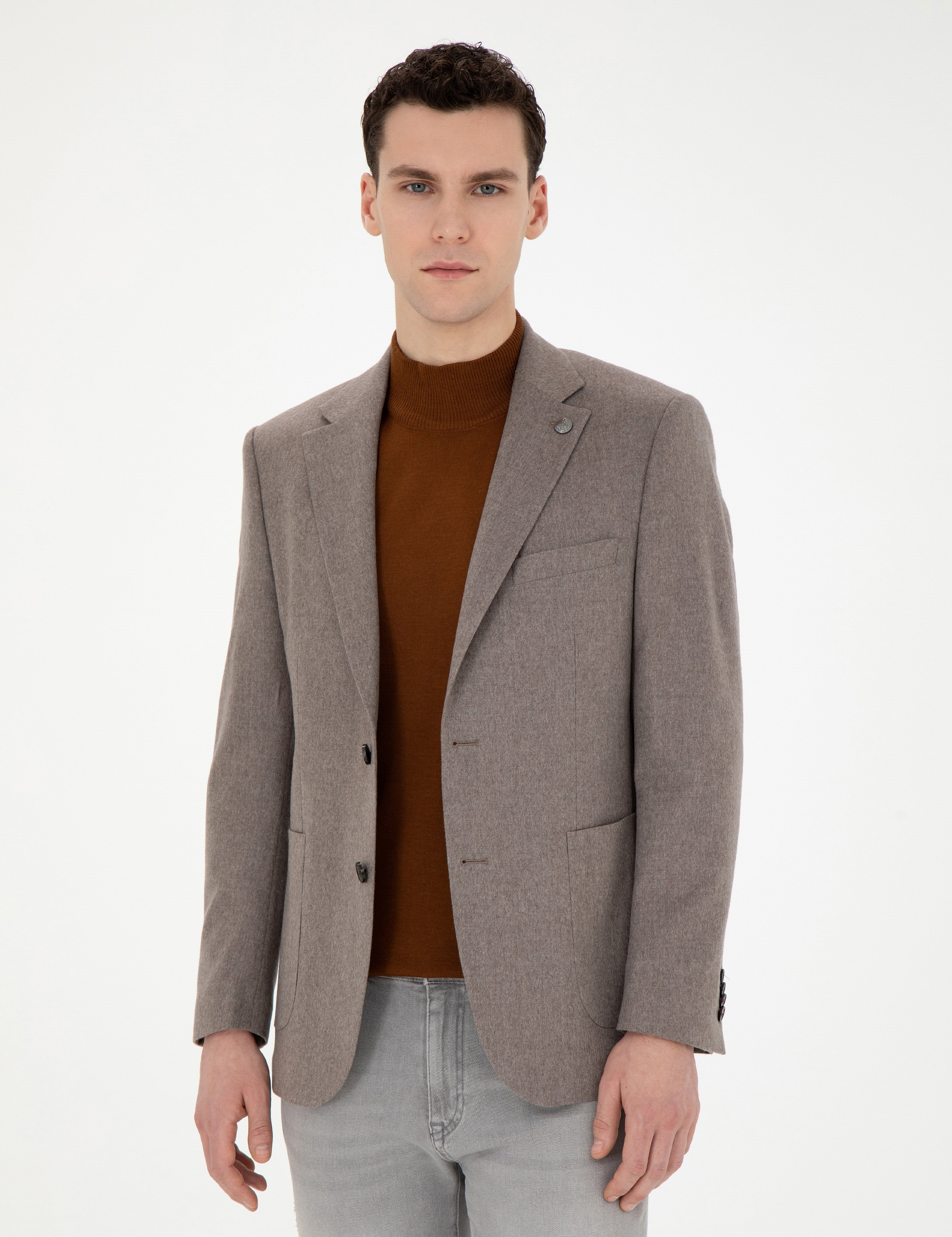 Açık Kahverengi Slim Fit %100 Kaşmir Ceket - Image 1