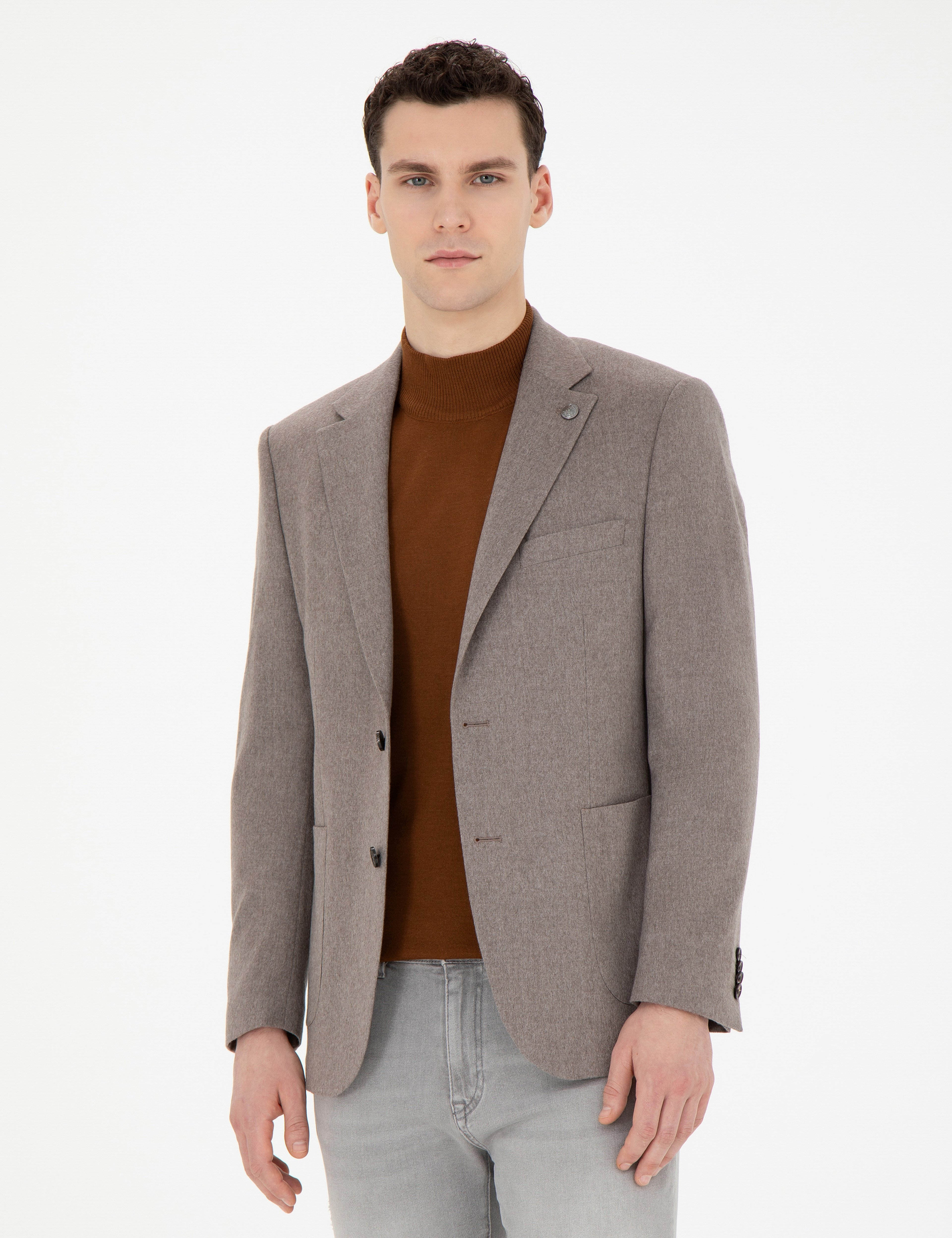 Açık Kahverengi Slim Fit %100 Kaşmir Ceket - Image 3