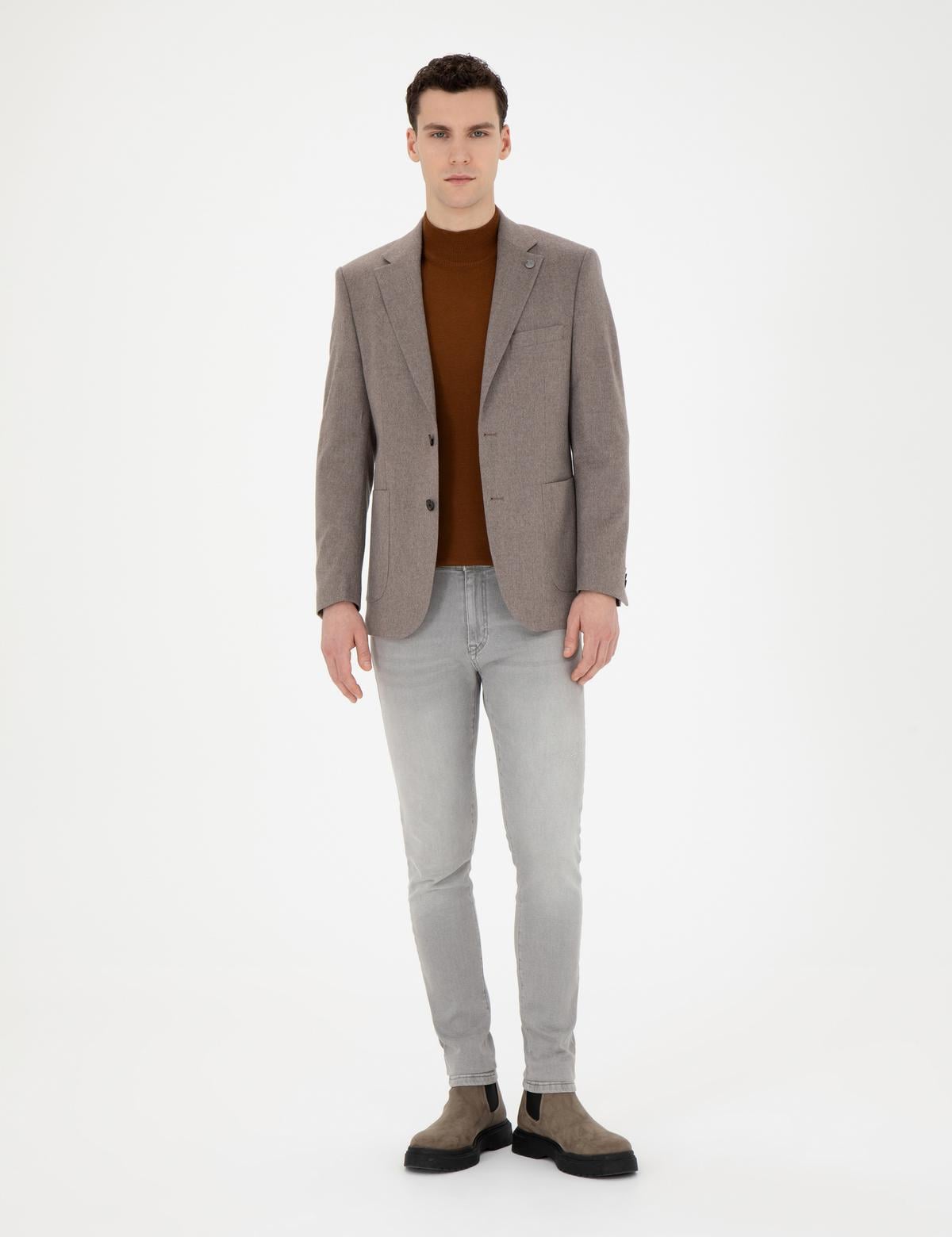 Açık Kahverengi Slim Fit %100 Kaşmir Ceket - 50292652077