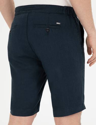 Lacivert Slim Fit %100 Keten Beli Lastikli Bağcıklı Dokuma Şort