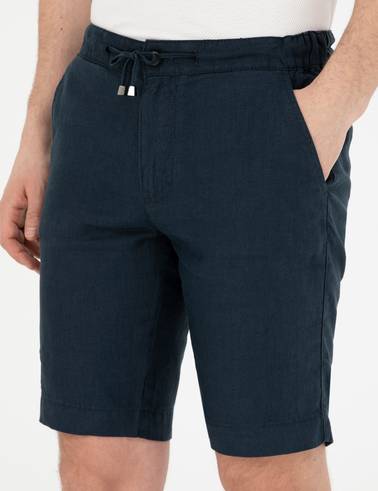 Lacivert Slim Fit %100 Keten Beli Lastikli Bağcıklı Dokuma Şort