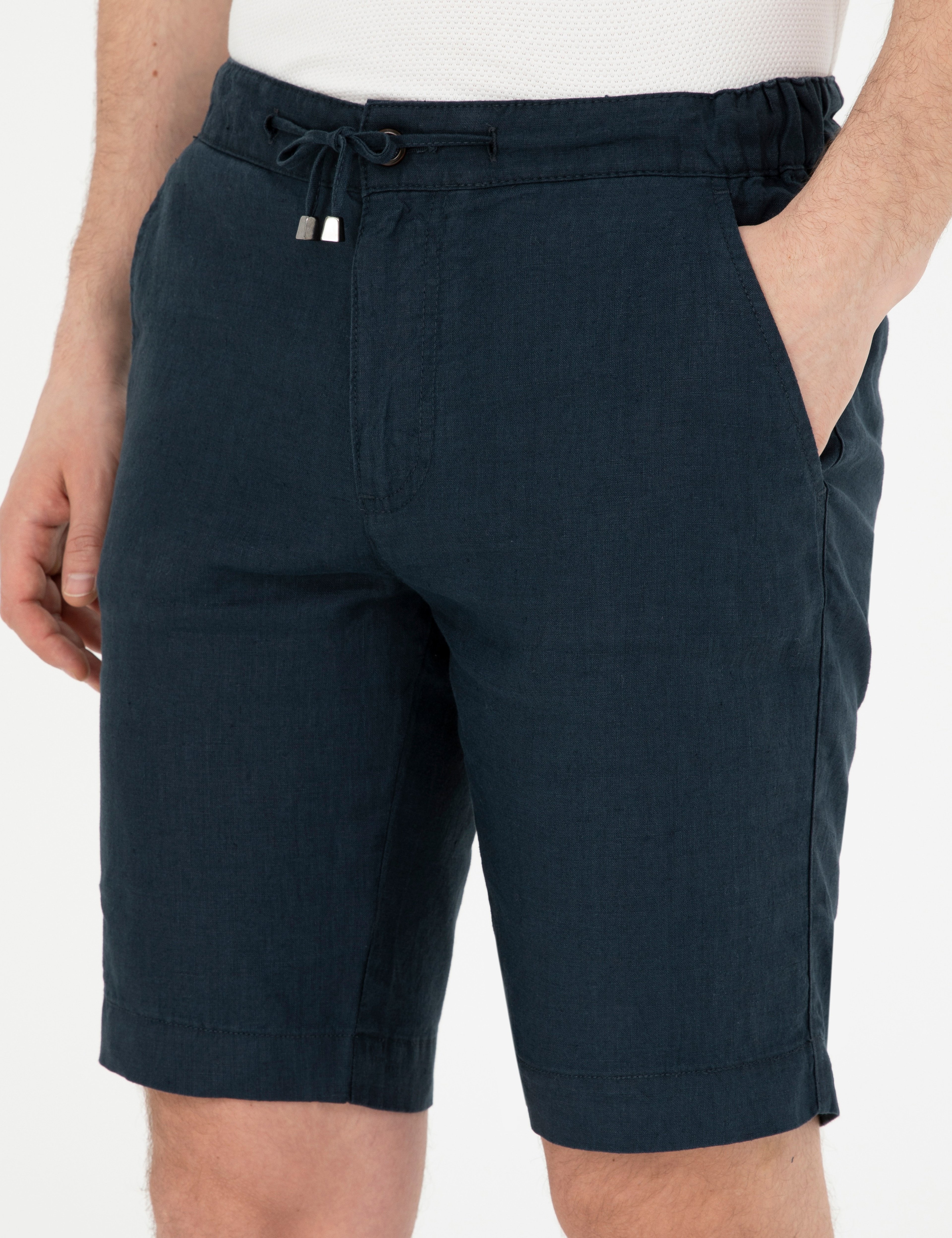 Lacivert Slim Fit %100 Keten Beli Lastikli Bağcıklı Dokuma Şort - Image 6
