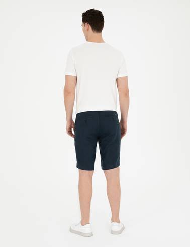 Lacivert Slim Fit %100 Keten Beli Lastikli Bağcıklı Dokuma Şort