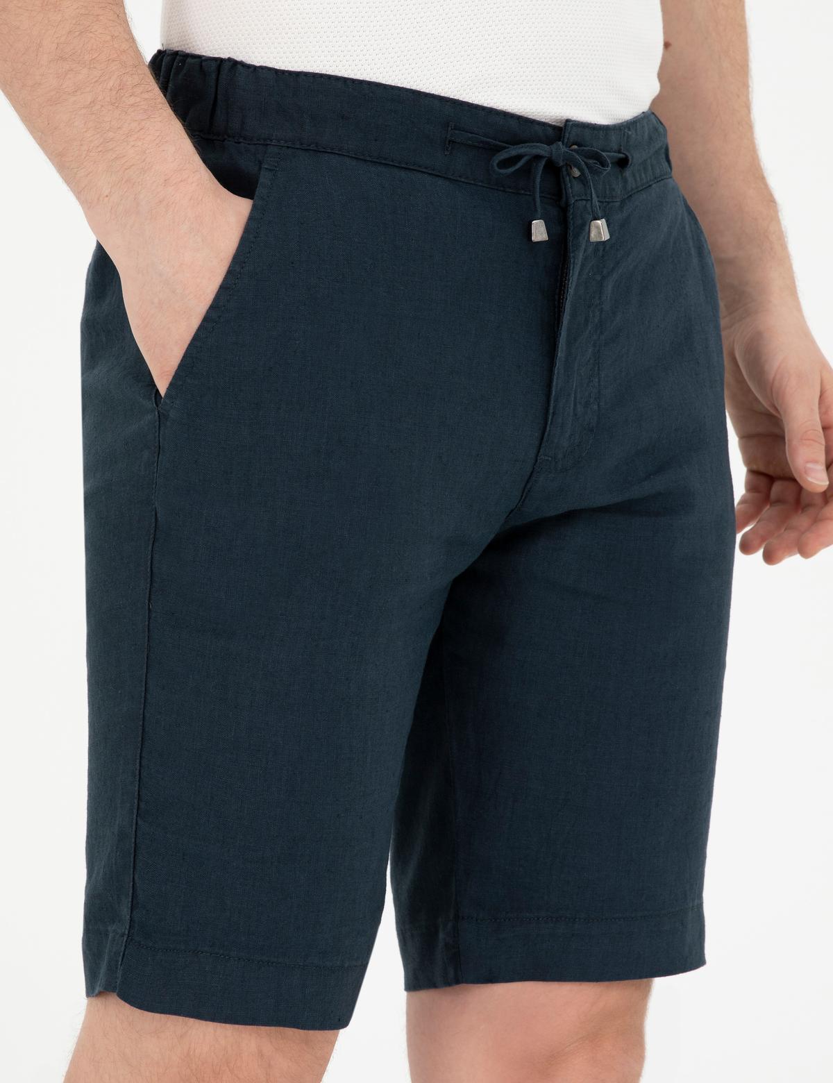 Lacivert Slim Fit %100 Keten Beli Lastikli Bağcıklı Dokuma Şort - 50285713052