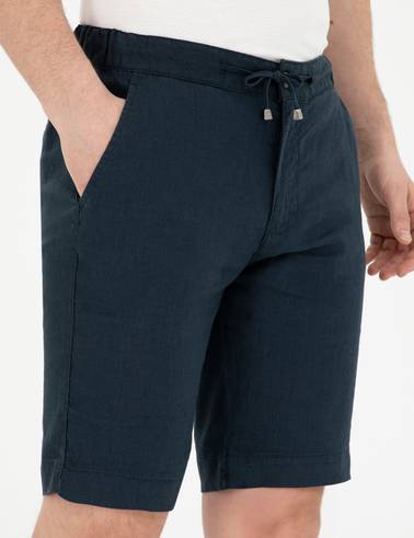 Lacivert Slim Fit %100 Keten Beli Lastikli Bağcıklı Dokuma Şort