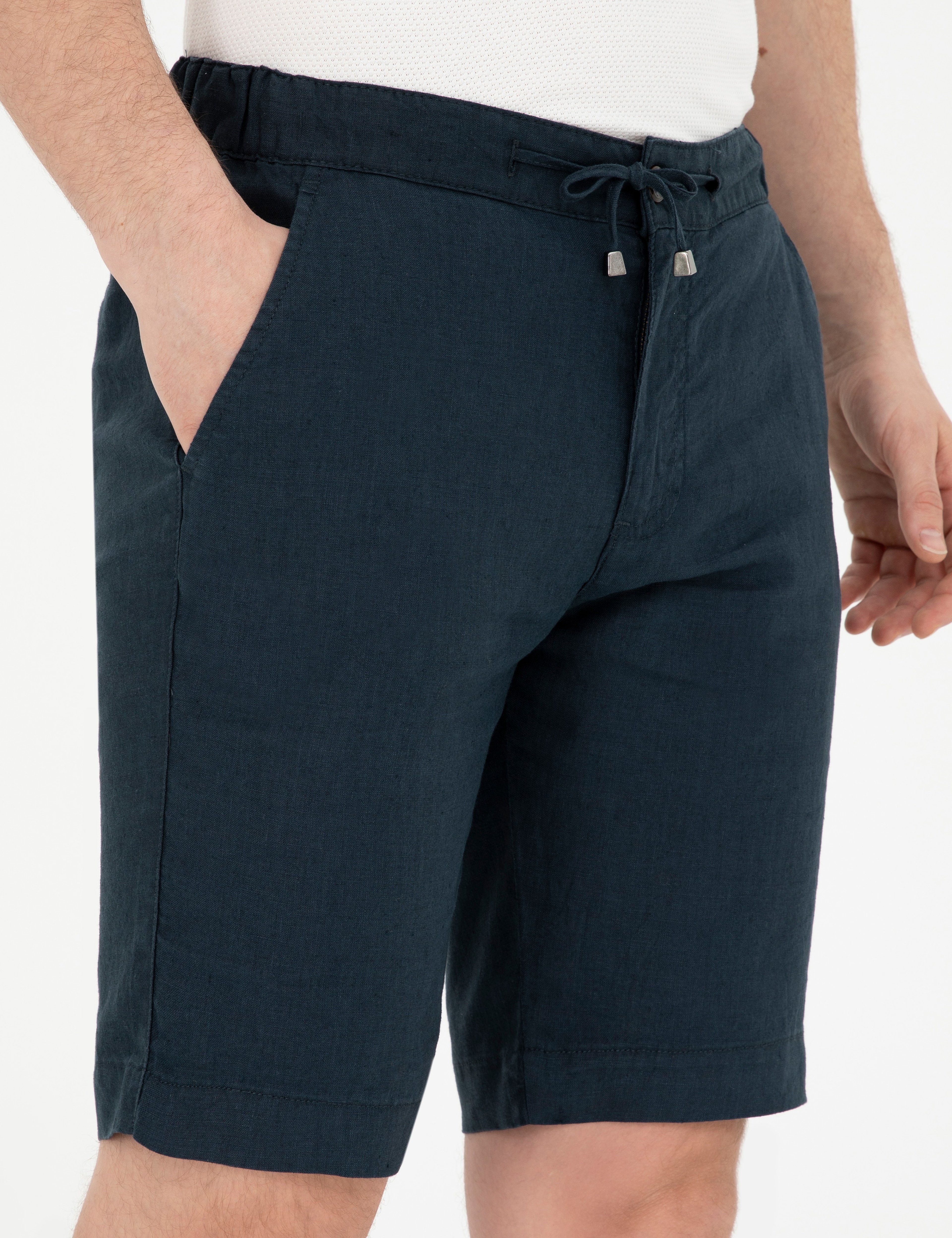 Lacivert Slim Fit %100 Keten Beli Lastikli Bağcıklı Dokuma Şort - Image 5