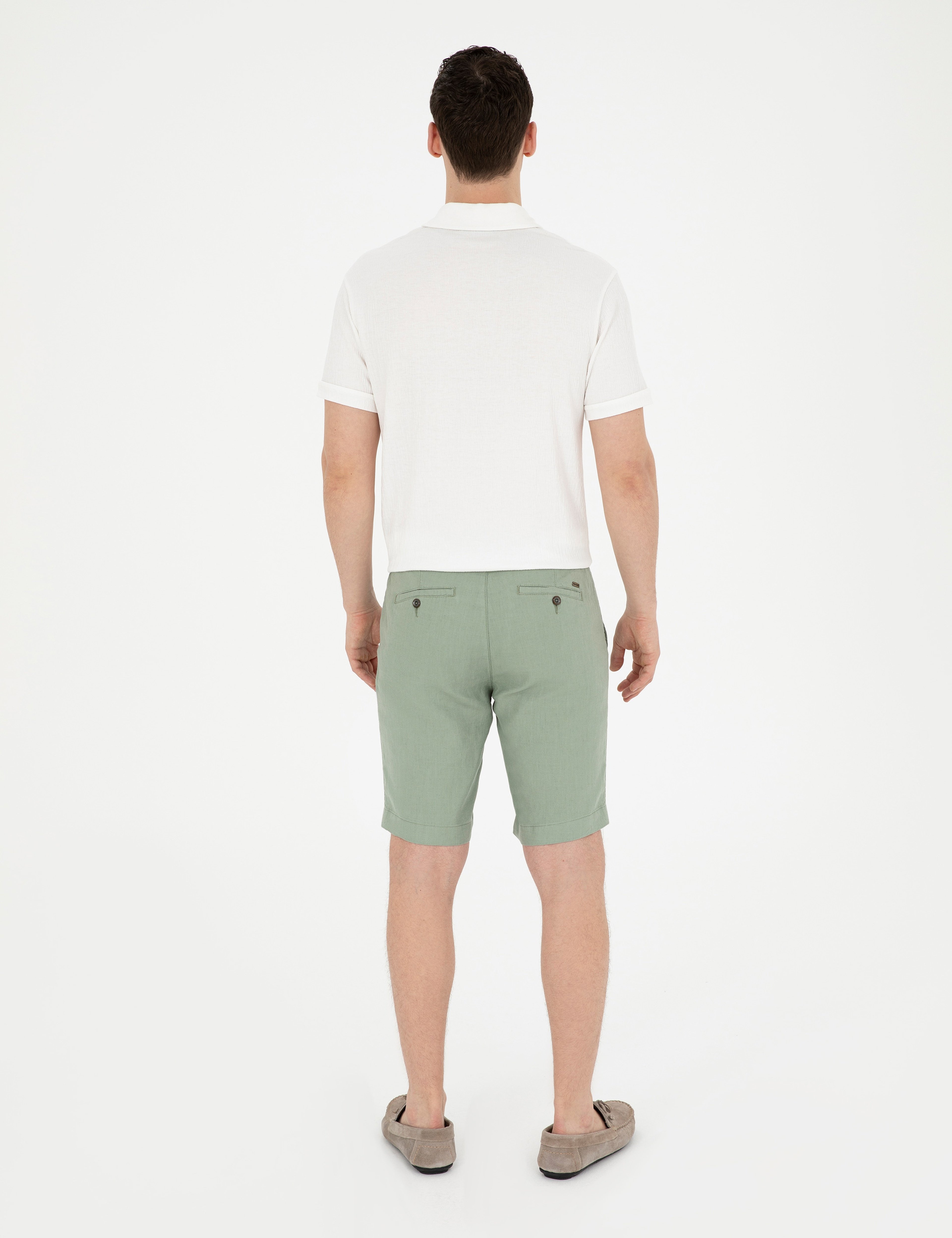 Yeşil Slim Fit %100 Keten Beli Lastikli Bağcıklı Dokuma Şort