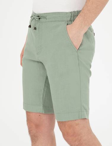 Yeşil Slim Fit %100 Keten Beli Lastikli Bağcıklı Dokuma Şort