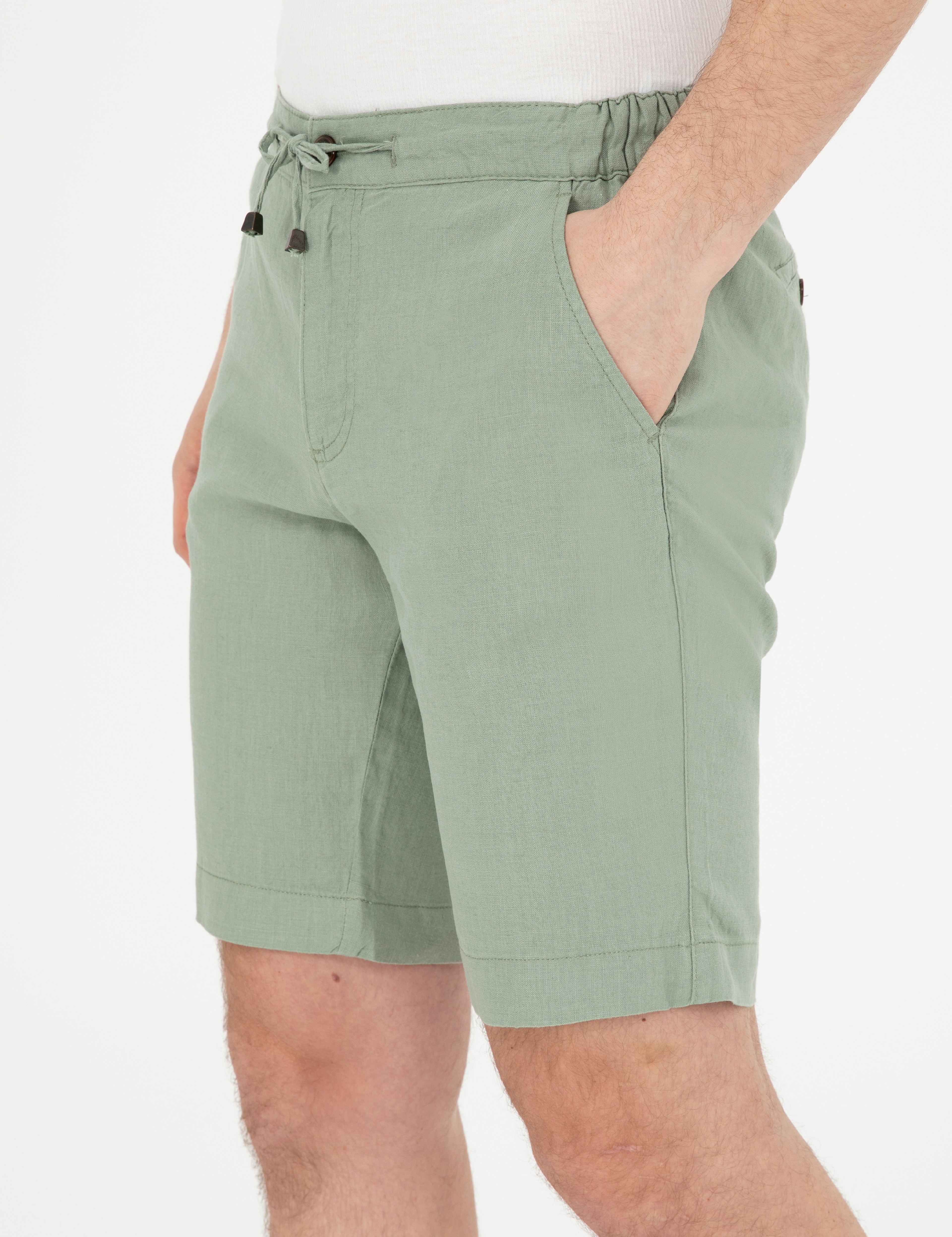 Yeşil Slim Fit %100 Keten Beli Lastikli Bağcıklı Dokuma Şort - Image 6