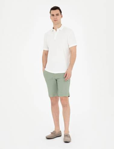 Yeşil Slim Fit %100 Keten Beli Lastikli Bağcıklı Dokuma Şort