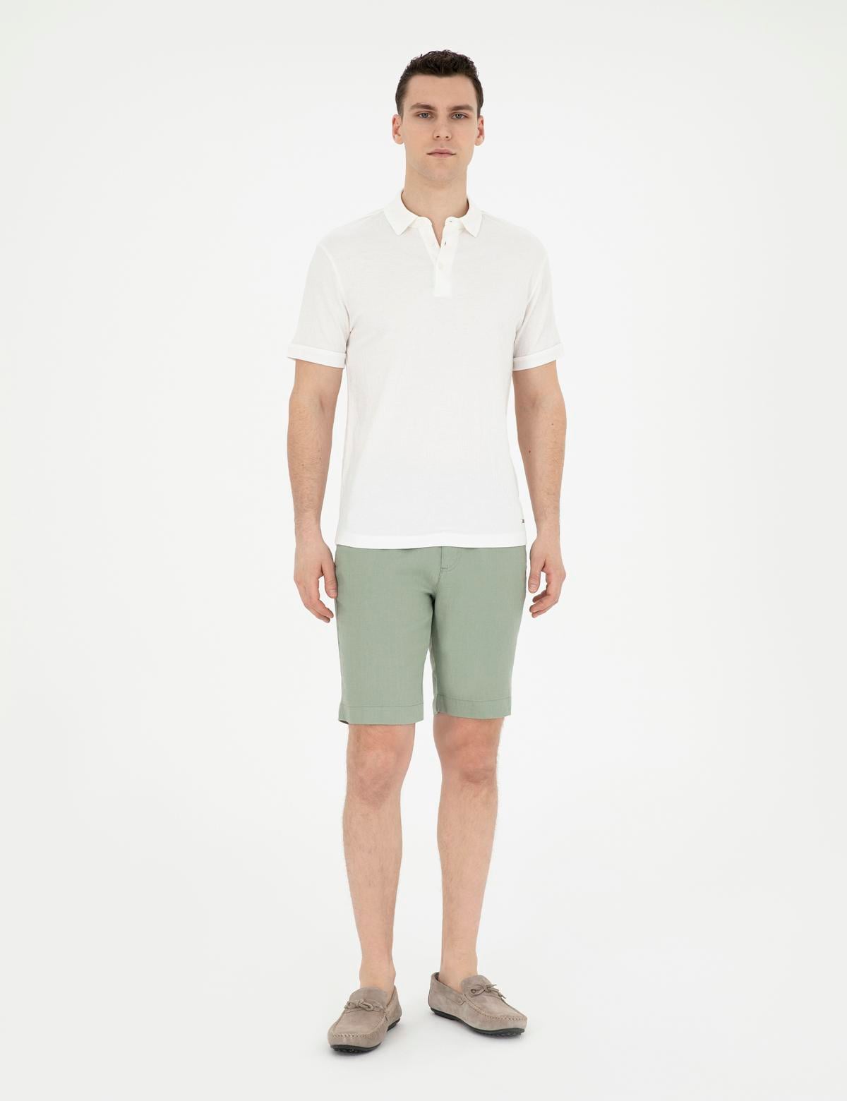 Yeşil Slim Fit %100 Keten Beli Lastikli Bağcıklı Dokuma Şort