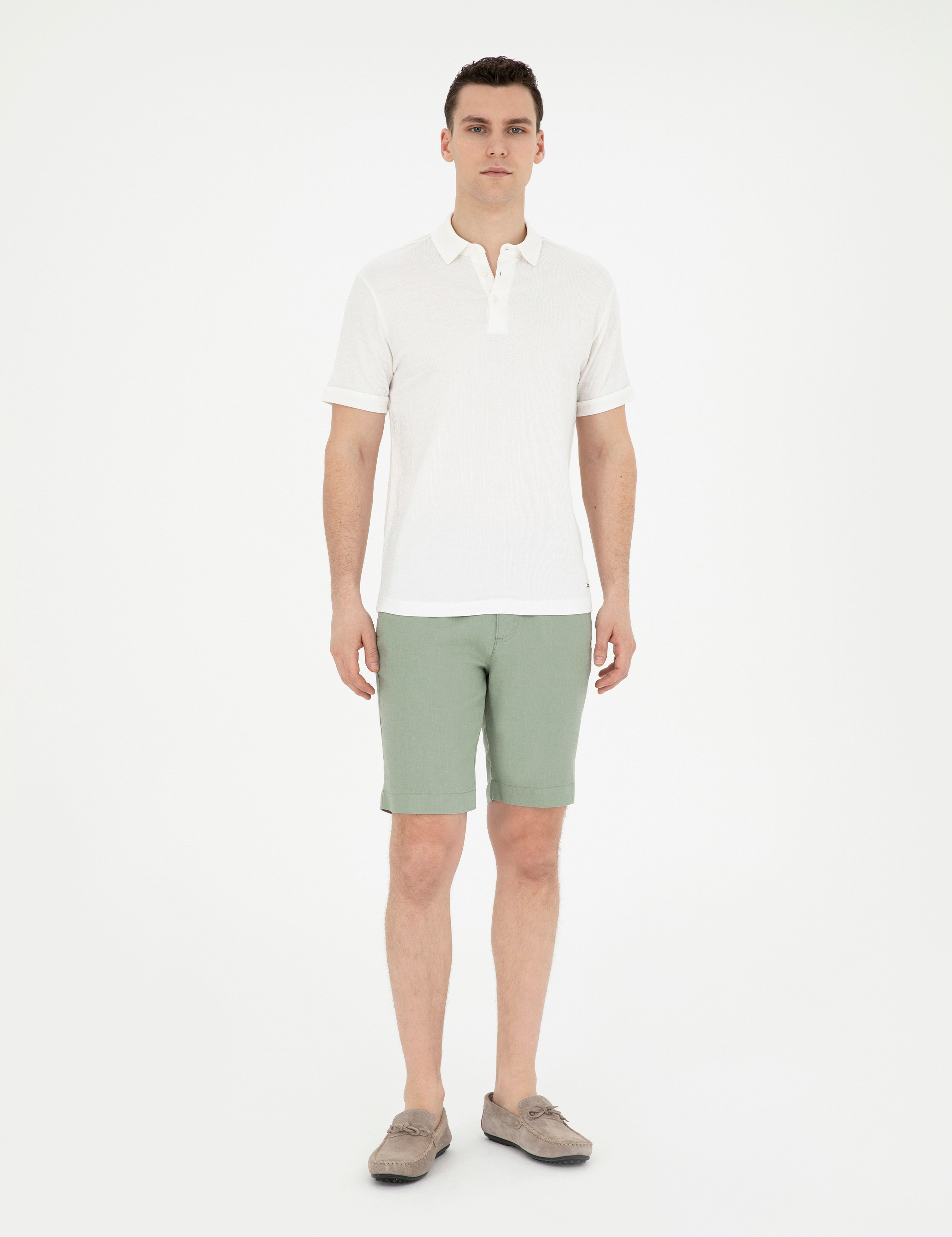 Yeşil Slim Fit %100 Keten Beli Lastikli Bağcıklı Dokuma Şort - Image 1