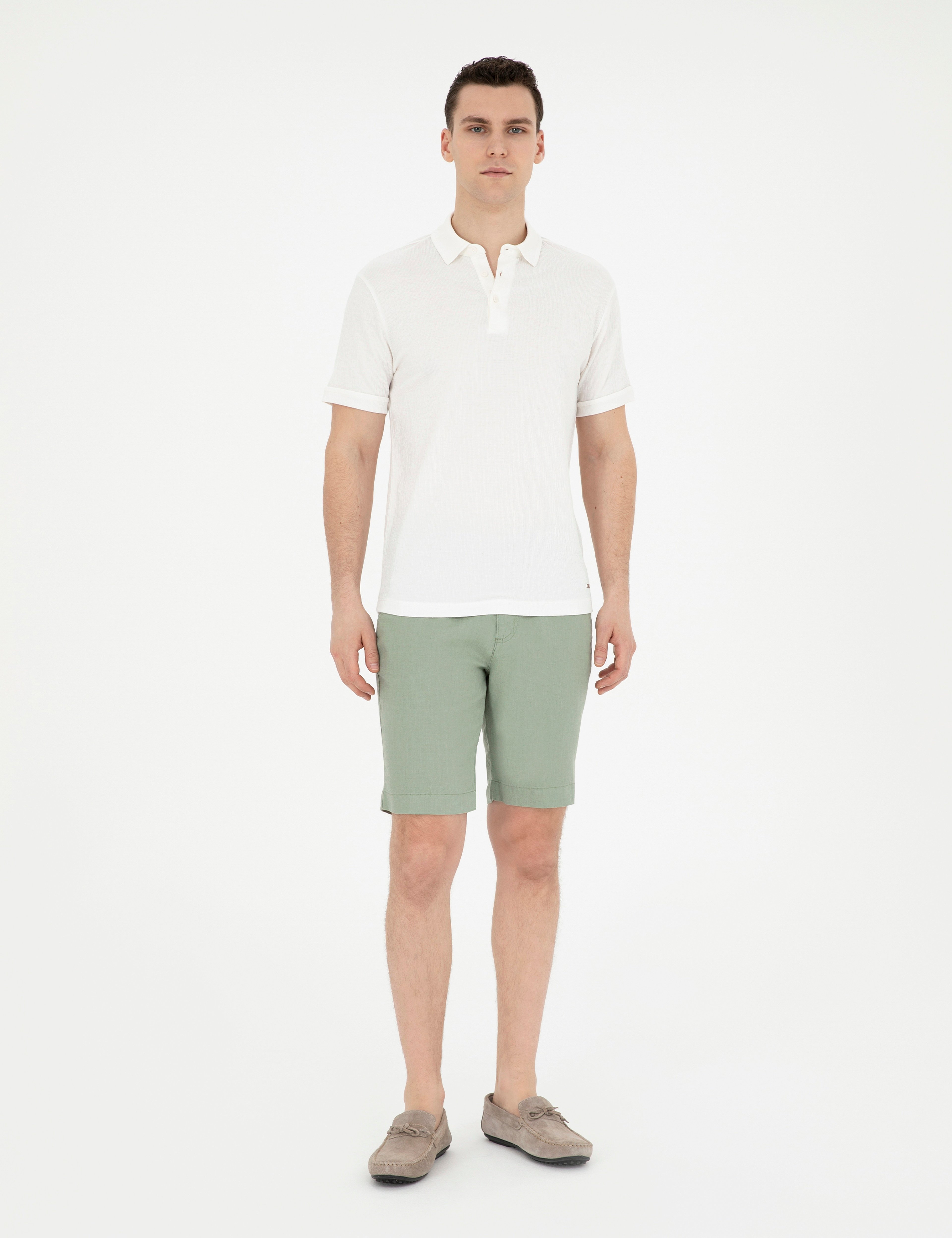 Yeşil Slim Fit %100 Keten Beli Lastikli Bağcıklı Dokuma Şort