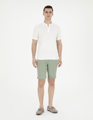 Yeşil Slim Fit %100 Keten Beli Lastikli Bağcıklı Dokuma Şort