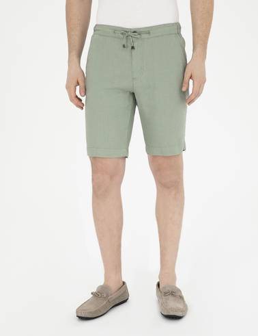 Yeşil Slim Fit %100 Keten Beli Lastikli Bağcıklı Dokuma Şort