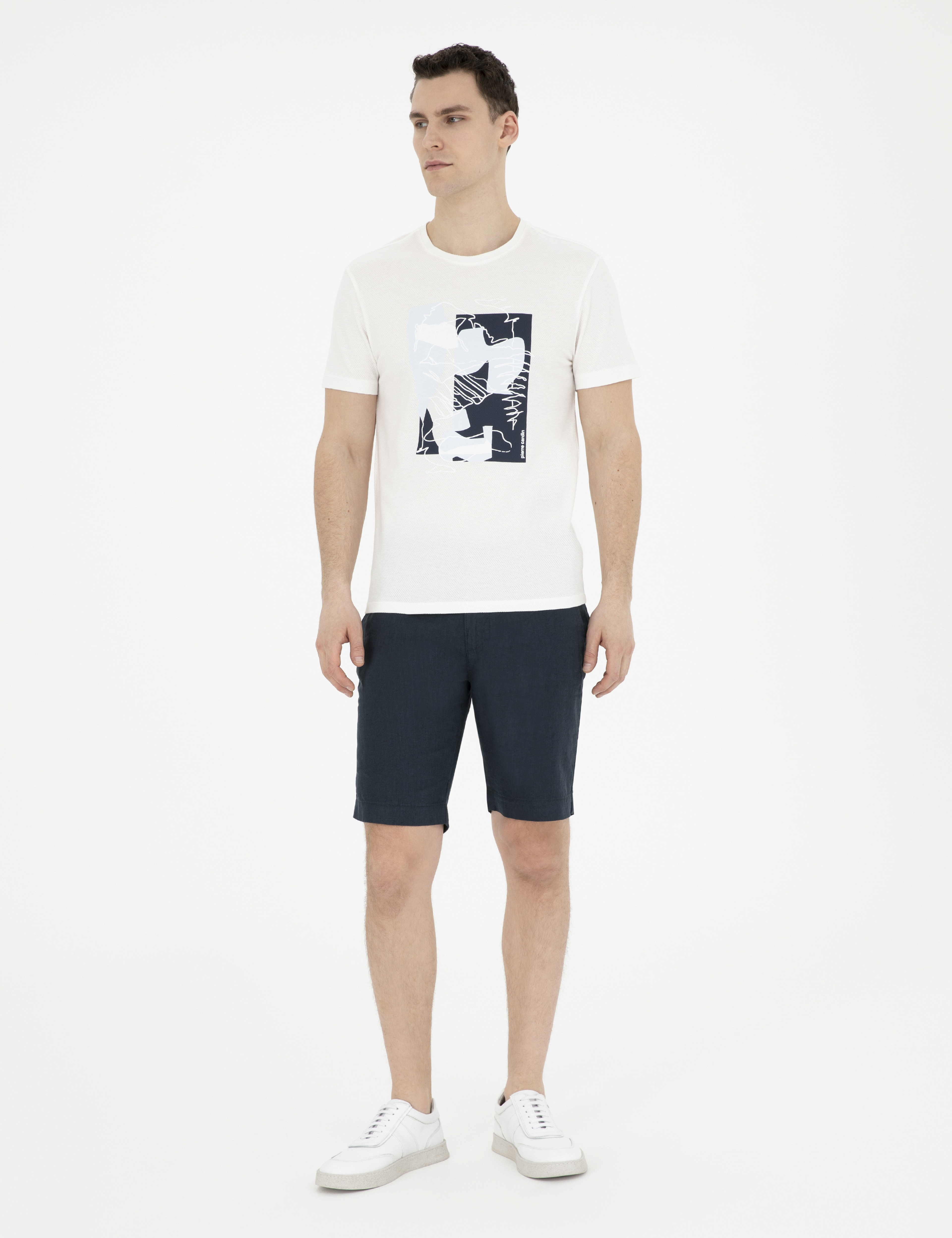 Lacivert Slim Fit %100 Keten Beli Lastikli Bağcıklı Dokuma Şort - Image 1