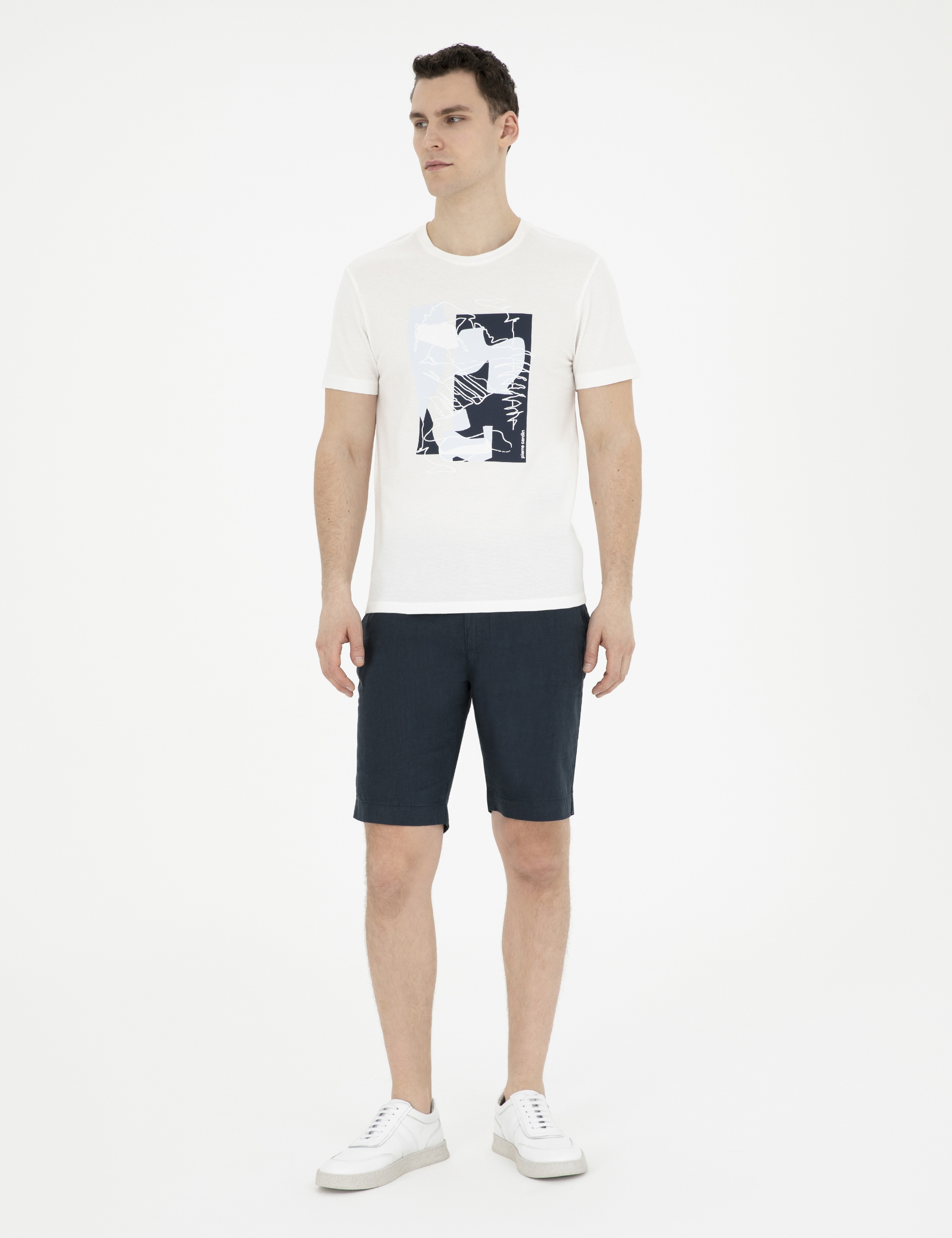 Lacivert Slim Fit %100 Keten Beli Lastikli Bağcıklı Dokuma Şort