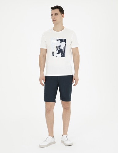Lacivert Slim Fit %100 Keten Beli Lastikli Bağcıklı Dokuma Şort