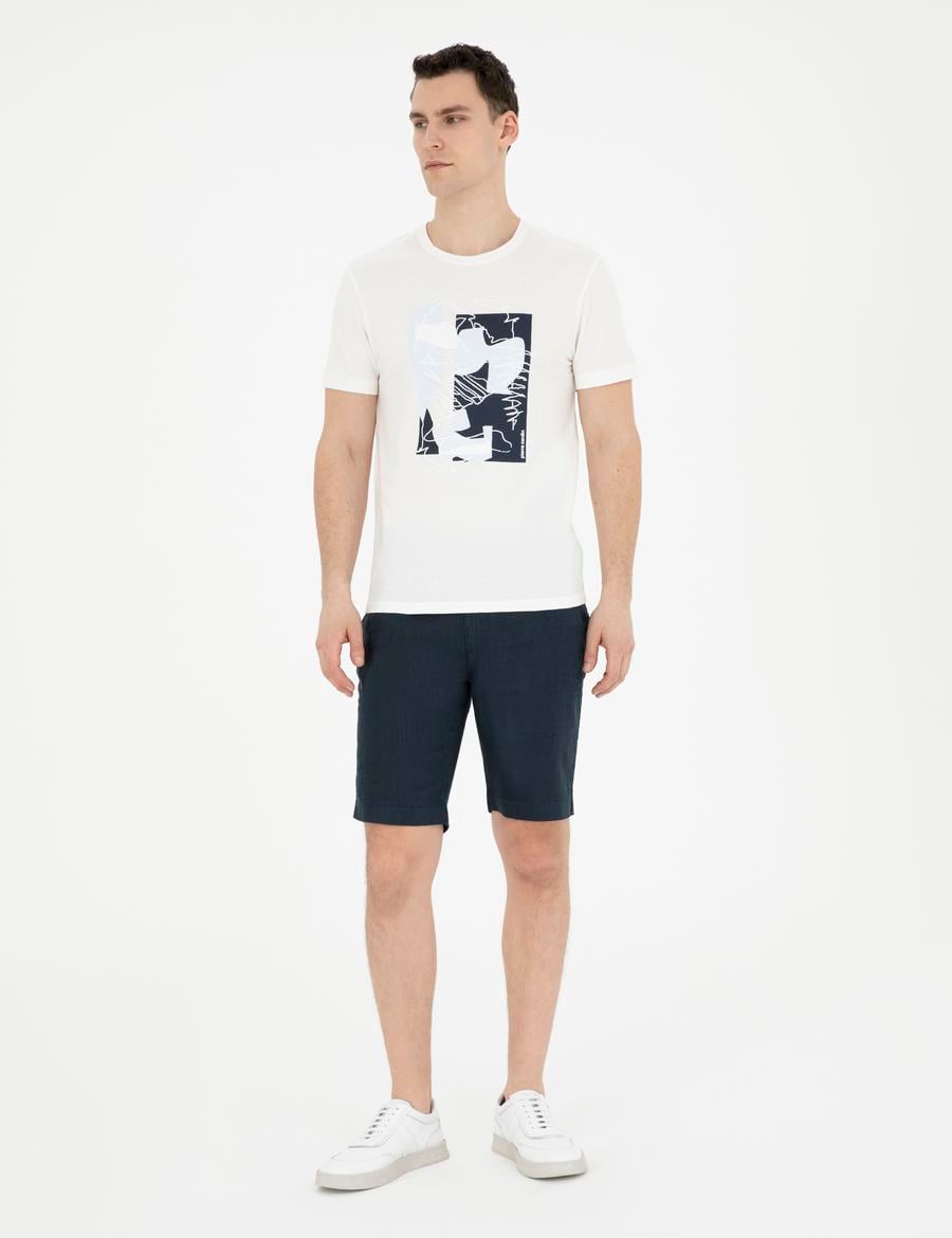 Lacivert Slim Fit %100 Keten Beli Lastikli Bağcıklı Dokuma Şort